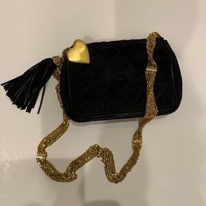 CHANEL 🖤Rare”0” Black Vintage Quilted Silk Satin Crystal Tassel 6Chain Gold Bag